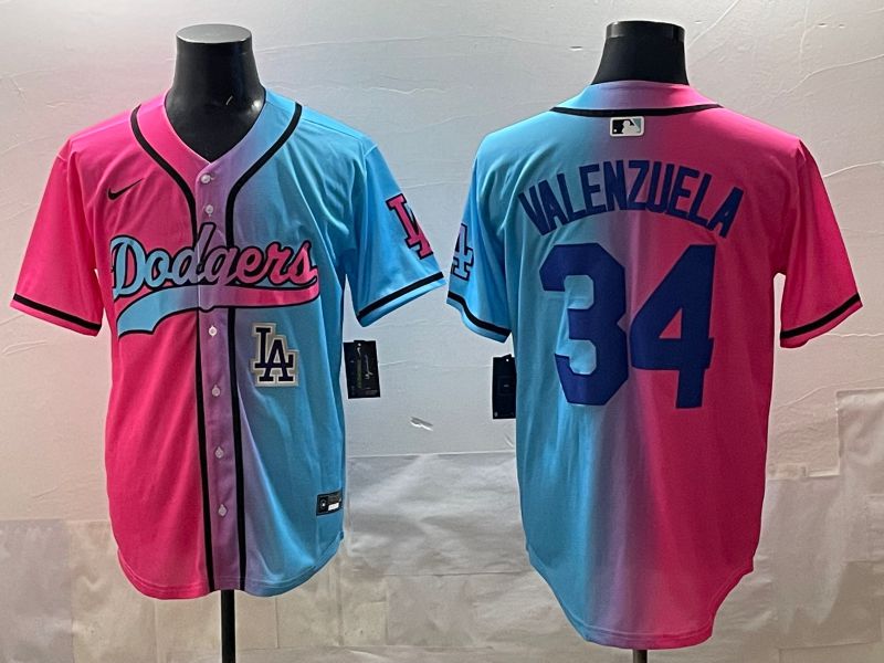 Men 2025 Los Angeles Dodgers #34 Valenzuela Blue pink Game Nike MLB Jersey style 010